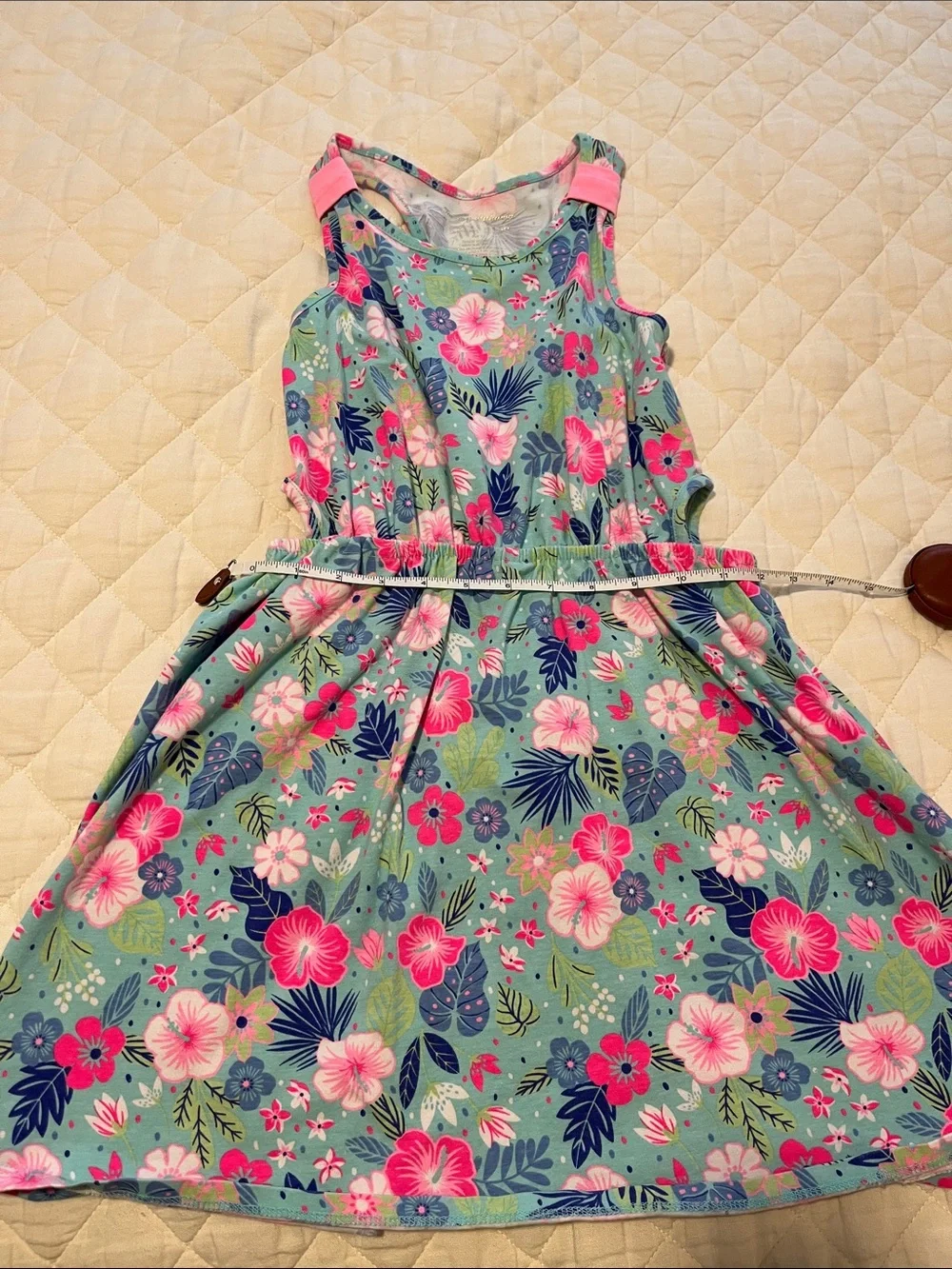 Tommy Bahama L 10/12 Girls' Tropical Floral Tank Dress - Aqua with Pink & Blue